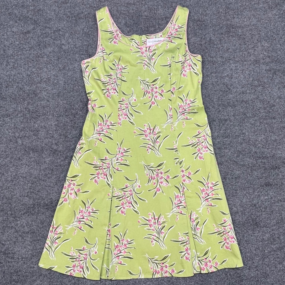 Sag Harbor Dress Womens 8P Green Pink Floral Sleeveless Pleated A-Line